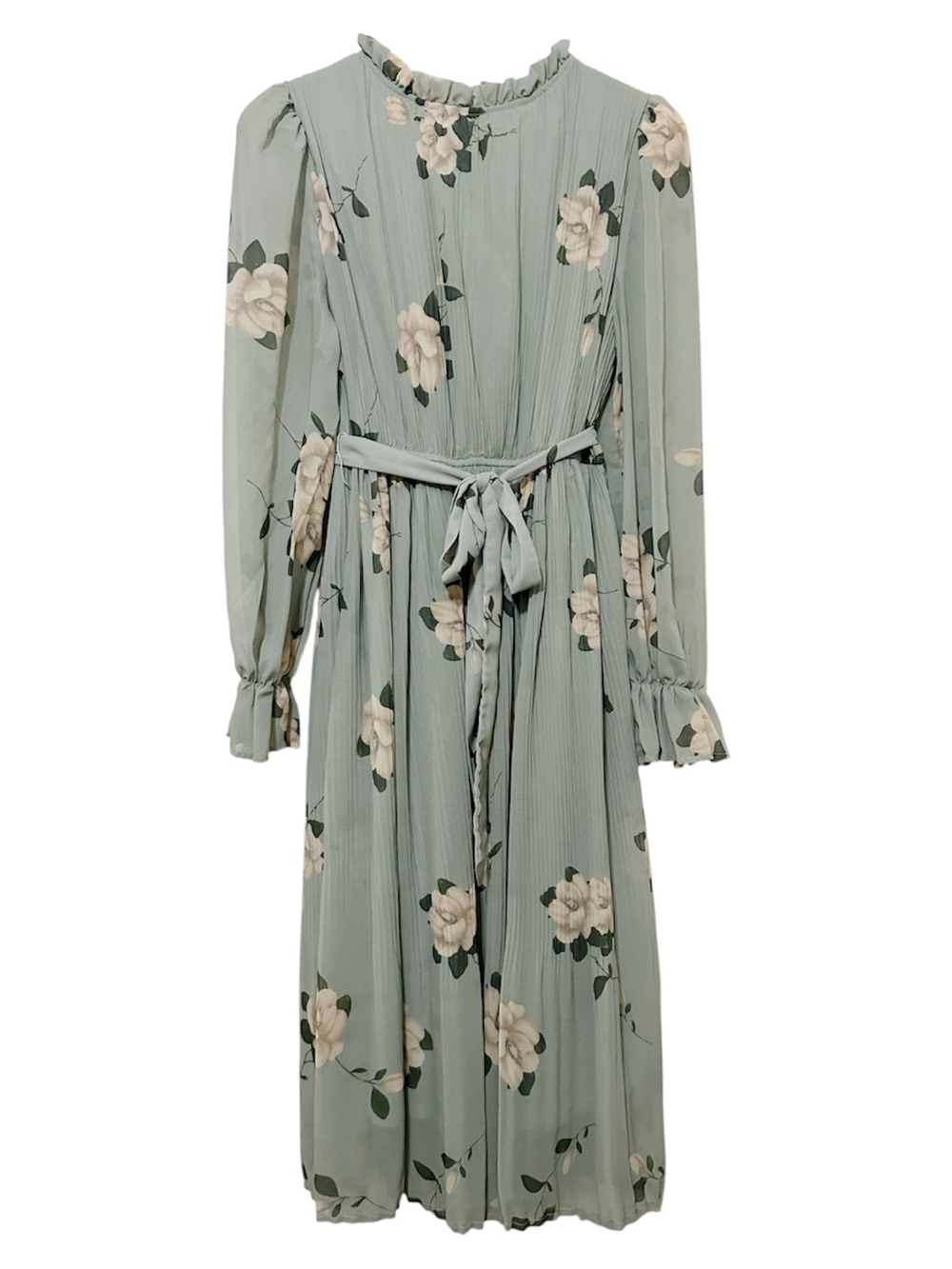 Anrabess Sage Green Floral Pleated Dress Ruffle Mock Neck Long Sleeve - Medium - Picture 2 of 7